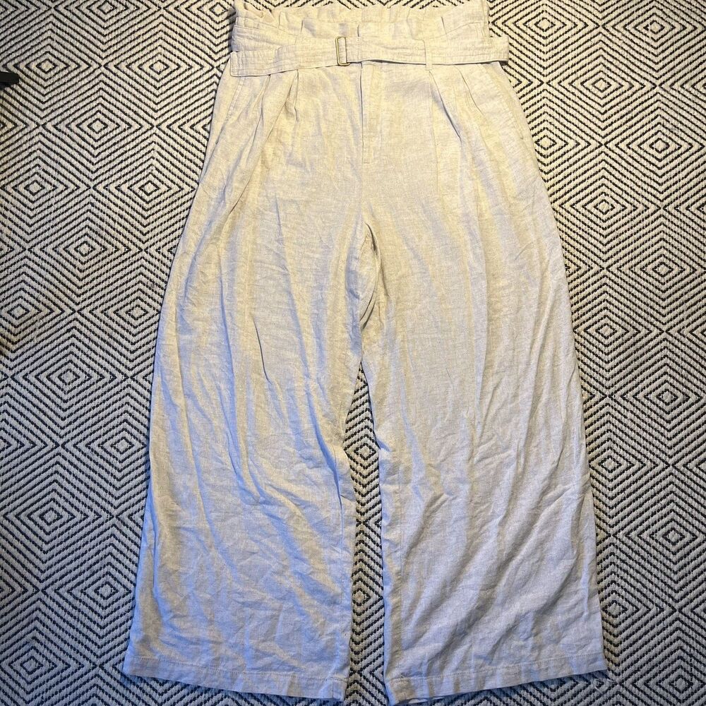 Banana Republic Pants Womens 12 Wide Leg Paperbag Waist Belted Linen Blend Flax